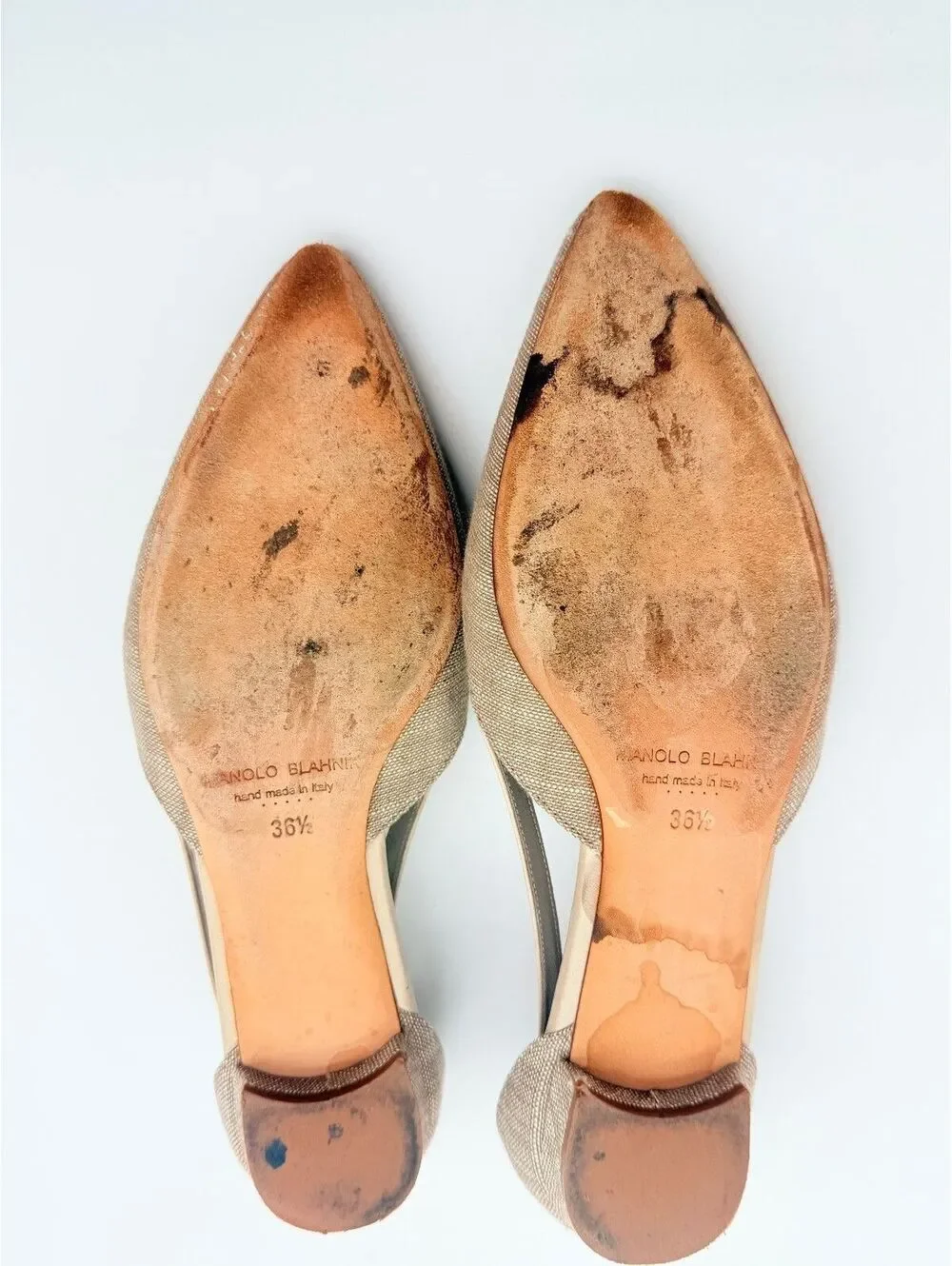 Manolo Blahnik Beige D’Orsay Pointed Toe Flats Nude Linen Shoes Designer 36.5